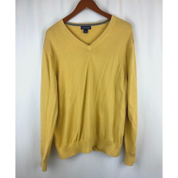 EUC Lands' End V-Neck Long Sleeve Sweater Men Large 42-44 Yellow Preppy Cotton - Picture 1 of 9